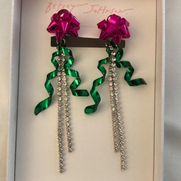 Betsey Johnson Christmas Bow Front Back Drop Earrings Fringe Accents NIB - Picture 2 of 12